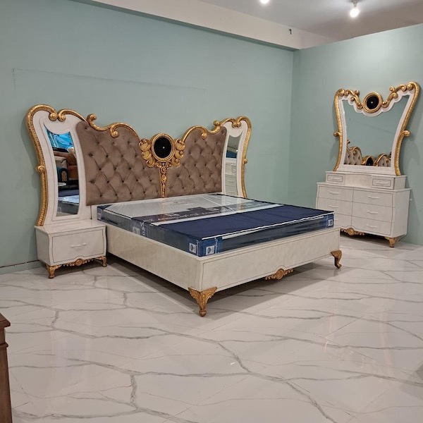 Charm King Size Bed Set (Pearl White & Light Biege Velvet)